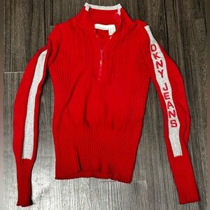 Dkny Jeans XS Red Ribbed Quarter-Zip Sweater